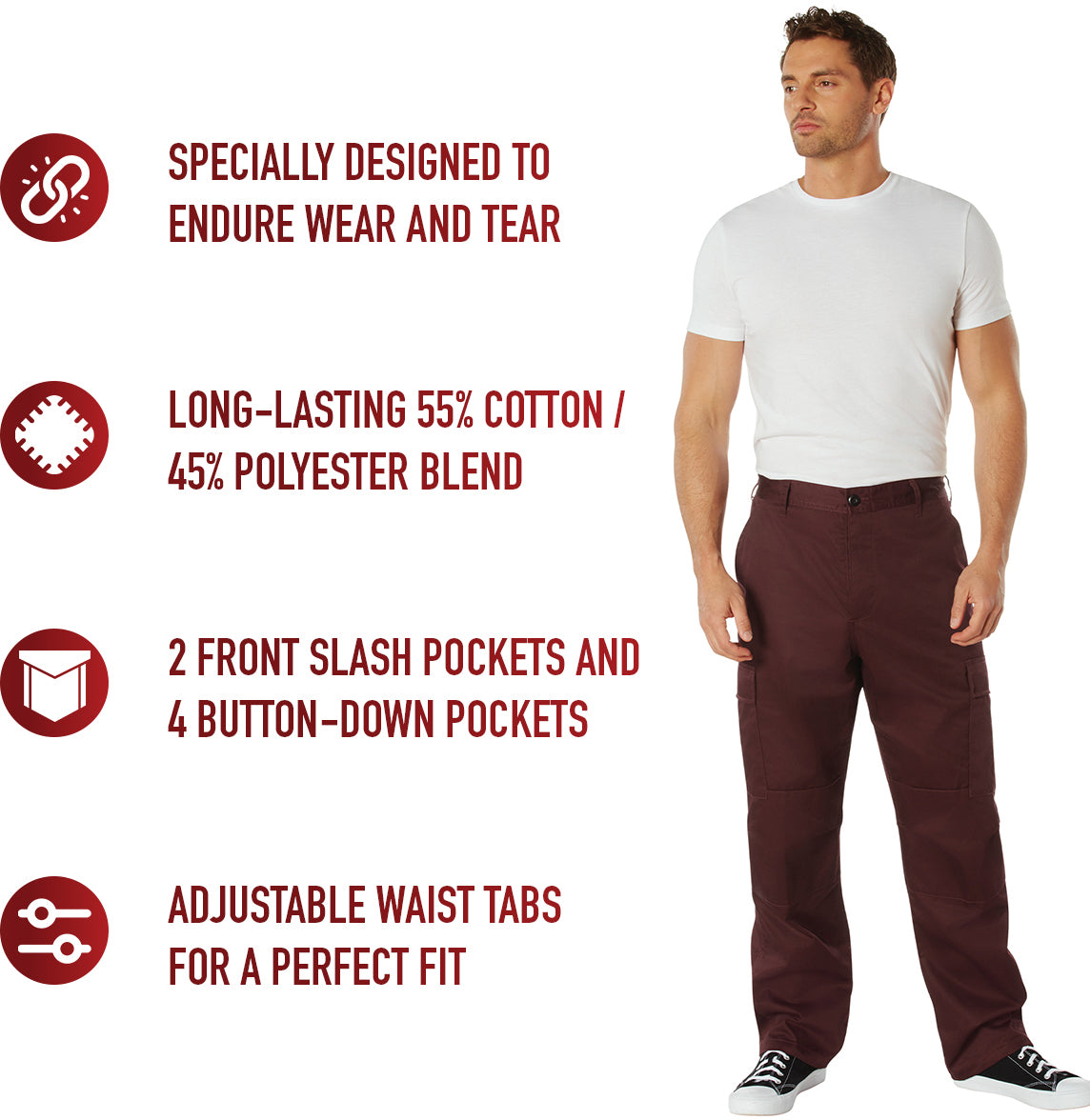 Maroon - Tactical BDU Pants Cargo Fatigues - Poly/Cotton Twill - Button Fly