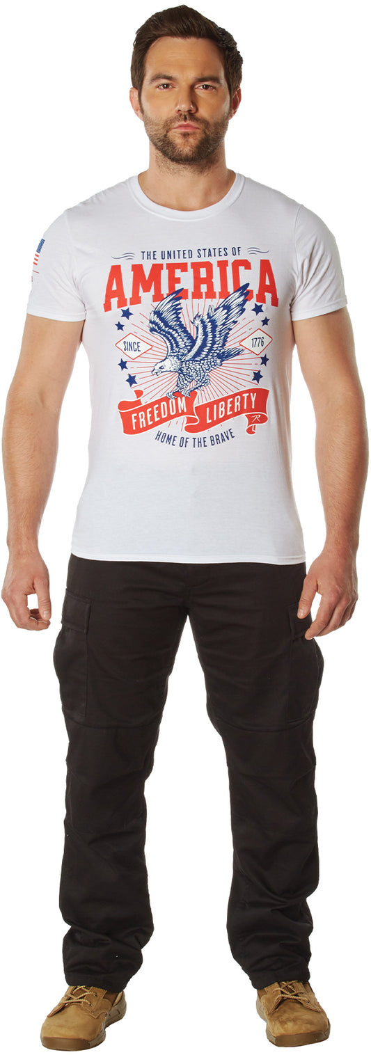 White - Freedom & Liberty Patriotic T-Shirt, July 4th USA America Eagle Pride Shirt