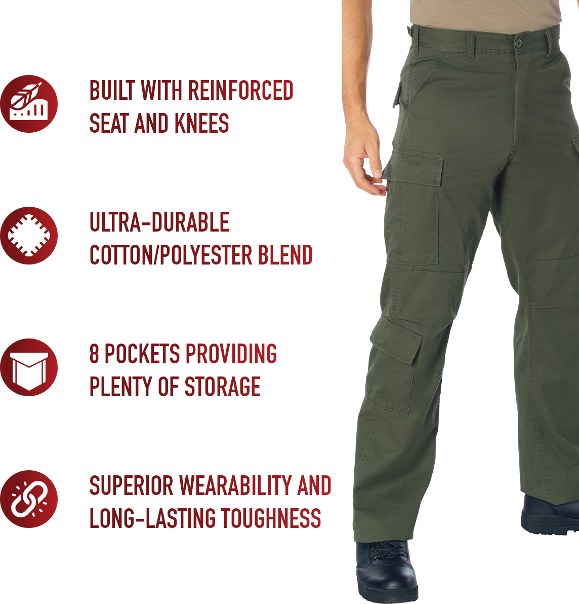 Olive Drab - Tactical Paratrooper Pants BDU Cargo Fatigues - Heavyweight Poly/Cotton - Zipper Fly - Relaxed Fit