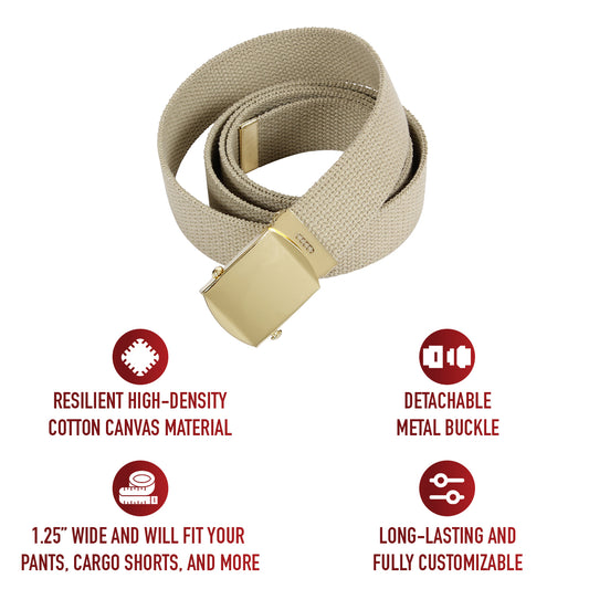 Khaki - Military Web Belt with Gold Brass Buckle