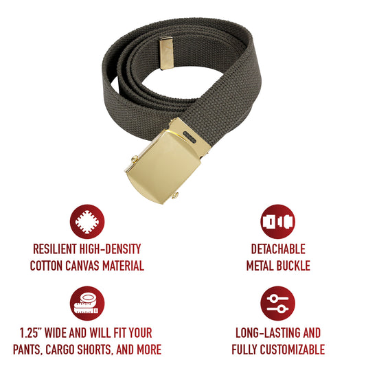 Olive Drab - Military Web Belt with Gold Brass Buckle