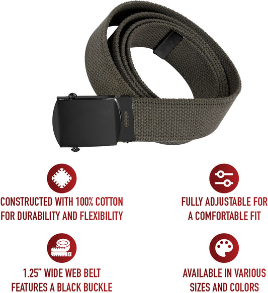 Olive Drab Military Web Belt Cotton Adjustable Tactical Belt with Black Buckle 1.25"