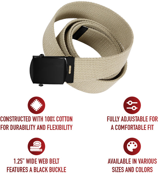 Khaki Military Web Belt Cotton Adjustable Tactical Belt with Black Buckle 1.25"