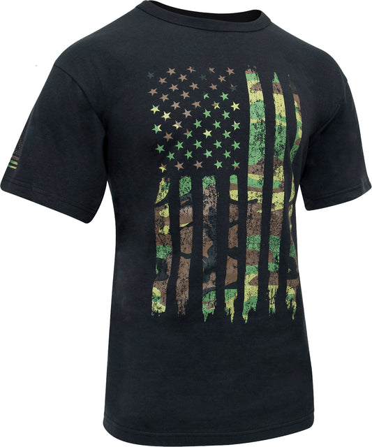 Black - Distressed Woodland Camo US Flag T-Shirt, Athletic Fit, Poly/Cotton