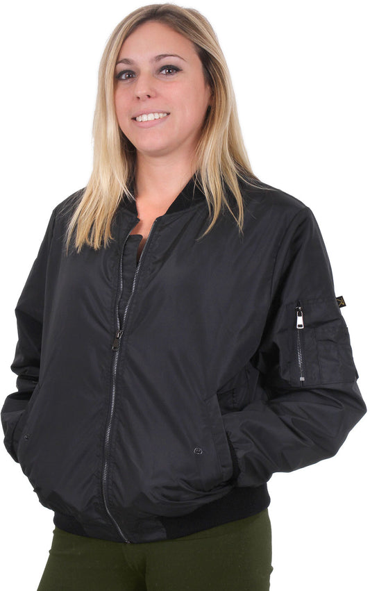 Black - Lightweight MA-1 Flight Jacket Bomber Coat - Slim Fit - Women's