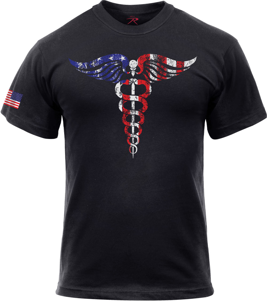 Black - Medical Symbol (Caduceus) USA Red White Blue Flag T-Shirt