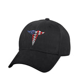 Black Low Profile Hat With Red / White / Blue Medical Symbol (Caduceus)