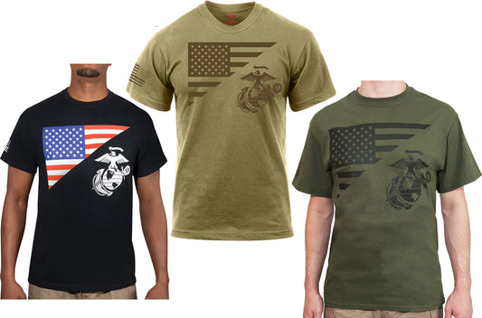 US Marines USMC Globe & Anchor / USA Flag T-Shirt, 100% Cotton