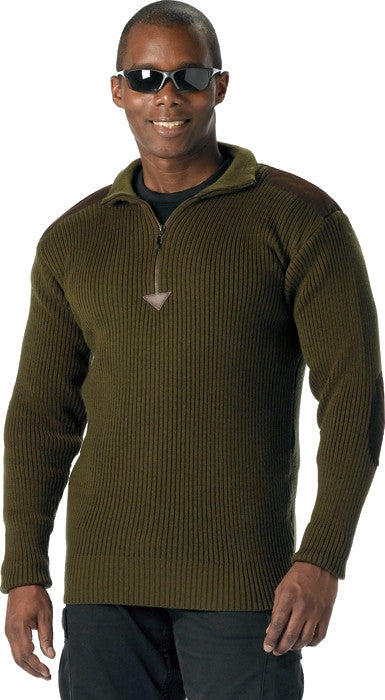 Olive Drab - Military Style Commando Sweater with Zipper - Acrylic Olive Drab - Military Style Commando Sweater with Zipper - Acrylic