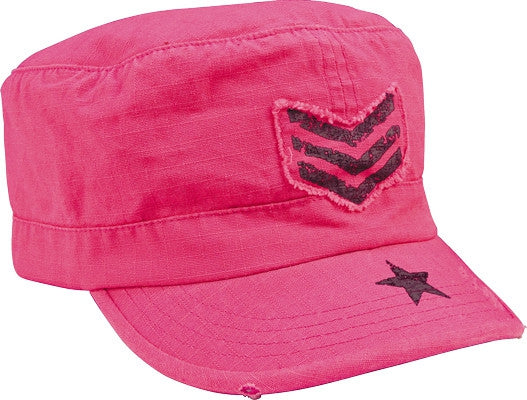 Pink - Womens Adjustable Vintage Fatigue Cap - with Black Sgt Stripes Pink - Womens Adjustable Vintage Fatigue Cap - with Black Sgt Stripes