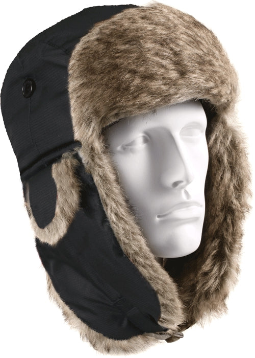 Black - Cold Weather Fur Flyers Hat with Fur Earflaps Black - Cold Weather Fur Flyers Hat with Fur Earflaps