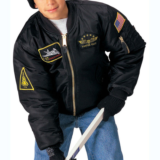 Black - Air Force MA-1 Bomber Flight Jacket with Top Gun Patches - Kid's