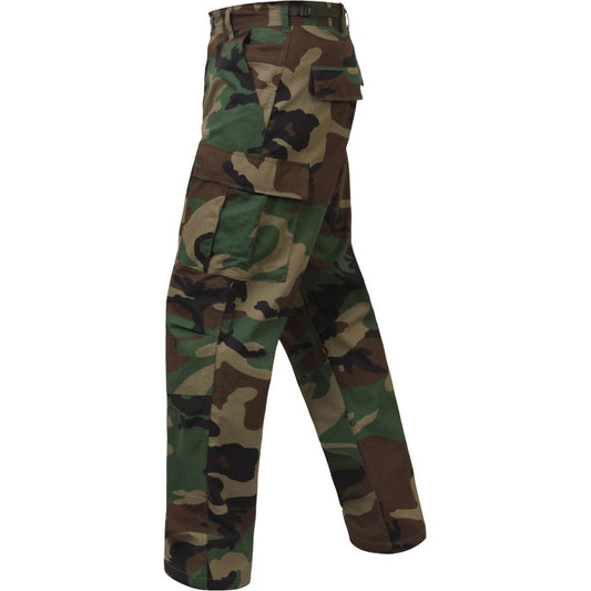 Woodland Camouflage - Tactical BDU Pants Cargo Fatigues - 100% Cotton Rip-Stop - Button Fly