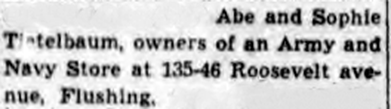 Newspaper clipping naming Abe and Sophie Teitelbaum as owners of an Army and Navy store on Roosevelt Avenue, Flushing