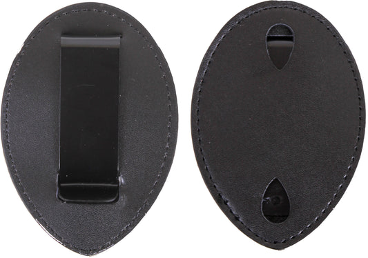 Black - Uniform Leather Clip-On Badge Holder - West Coast Style with Steel Clip