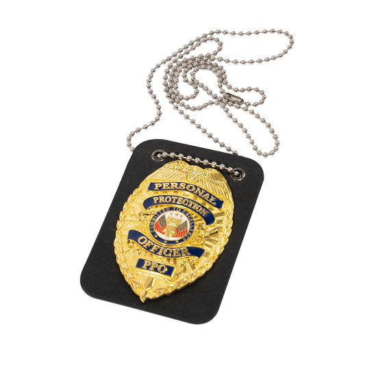 Black - Low Profile PU Leather Police ID Holder with 32" Long Chain