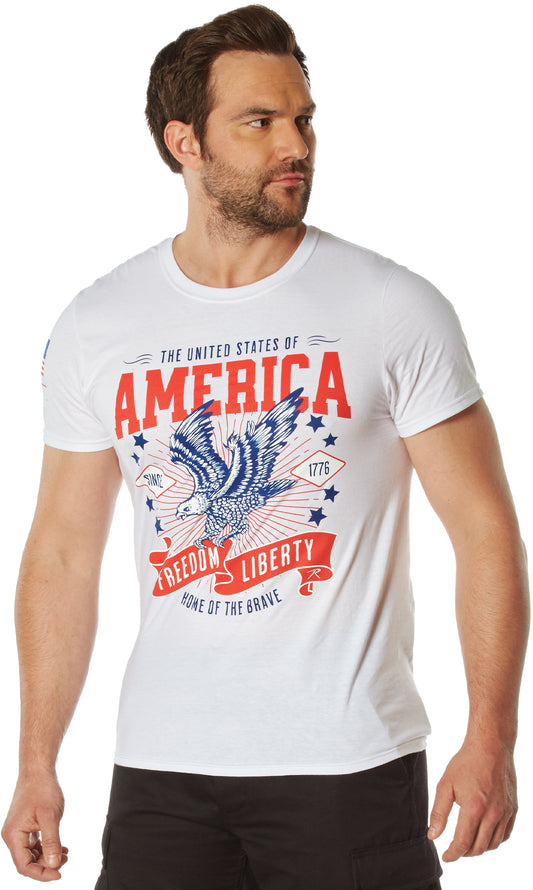 White - Freedom & Liberty Patriotic T-Shirt, July 4th USA America Eagle Pride Shirt