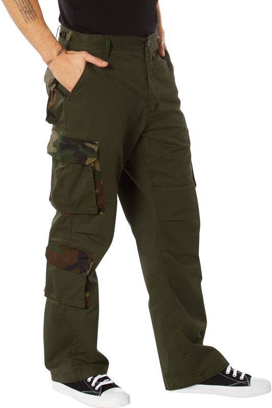 Olive Drab - Military Vintage Fatigue Pants with Woodland Camouflage Army Rigid Accent