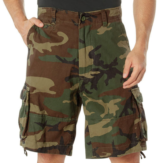 Woodland Camouflage - Vintage Infantry Utility Army BDU Cargo Shorts - Heavyweight Cotton - Zipper Fly