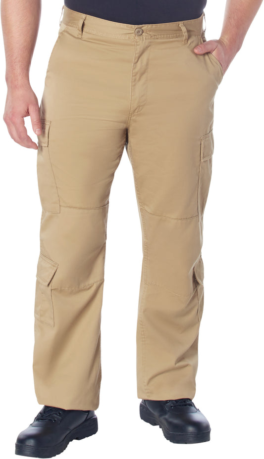 Khaki - Tactical Paratrooper Pants BDU Cargo Fatigues - Heavyweight Poly/Cotton - Zipper Fly - Relaxed Fit