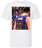 Luka Staring Down Nico Basketball Trade T-Shirt | Oversized Graphic Print Short Sleeve Tee Shirt, White