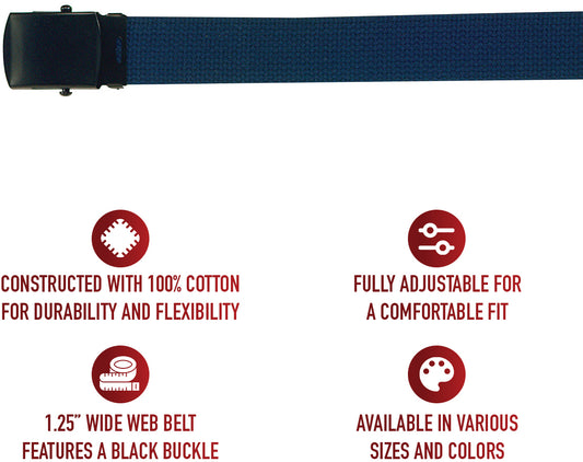 Navy Blue Military Web Belt Cotton Adjustable Tactical Belt with Black Buckle 1.25"