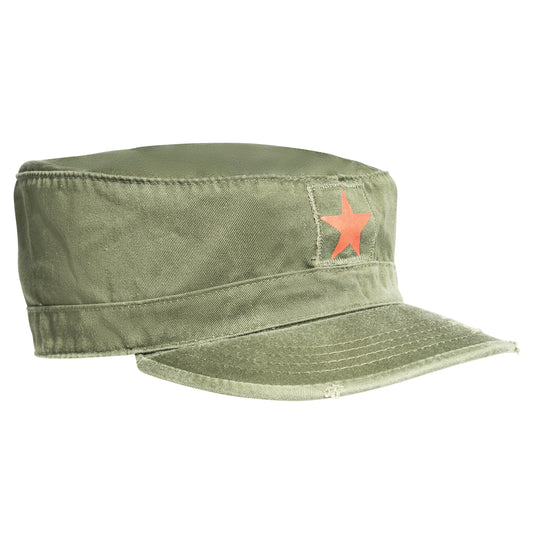 Olive Drab Military Vintage Fatigue Cap with Red Star - Washed Army Field Cap