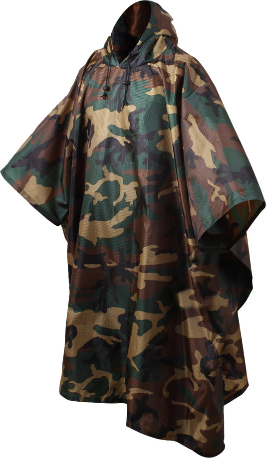 Woodland Camouflage - GI Enhanced Military Style Poncho - Polyester Ripstop
