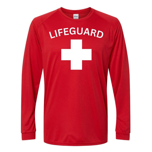 Red Lifeguard White Cross Long Sleeve T-Shirt 100% Polyester UPF Protection Unisex Crewneck Performance Shirt