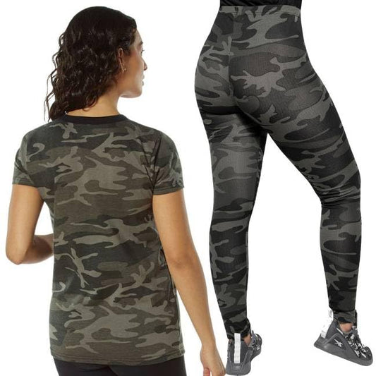 Ladies Long Camouflage T-Shirt & Leggings Set Fashion Active Everyday Camo Shirt & Pant Set Women's