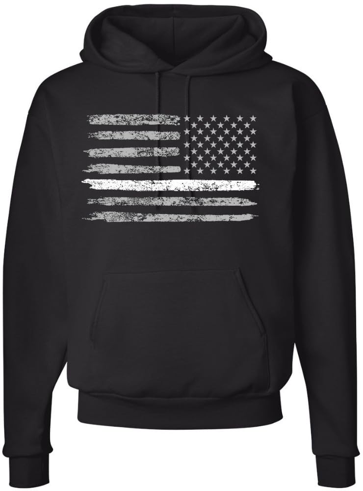 Army Universe Thin Line USA Flag Distressed American US Hooded Sweatshirt Patriotic Pullover Hoodie, Black