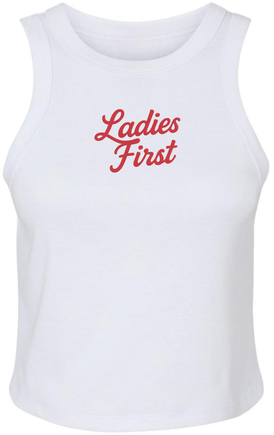 Ladies First Embroidered Micro-Rib Racer Tank Top | Casual Heavyweight Sleeveless Cool Sexy Shirt, White