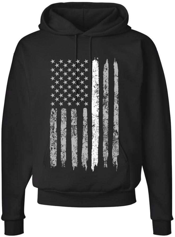 Army Universe Thin Line USA Flag Distressed American US Hooded Sweatshirt Patriotic Pullover Hoodie, Black