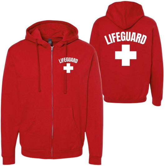Red Lifeguard + White Cross Full Zip Hoodie - Adult