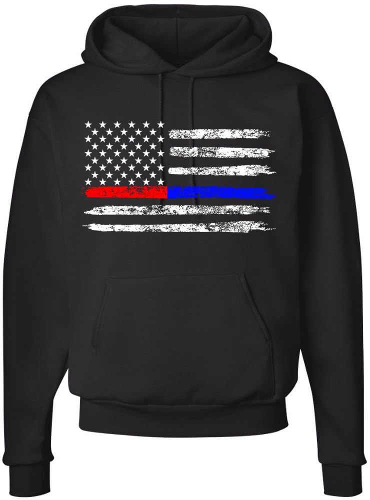 Army Universe Thin Line USA Flag Distressed American US Hooded Sweatshirt Patriotic Pullover Hoodie, Black