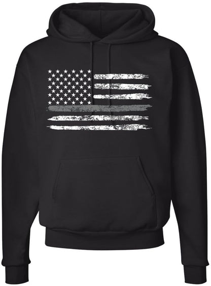 Army Universe Thin Line USA Flag Distressed American US Hooded Sweatshirt Patriotic Pullover Hoodie, Black