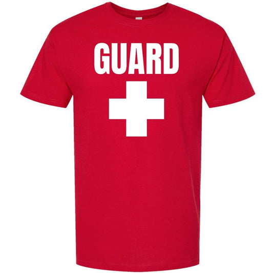Red GUARD T-Shirt - White Cross Lifeguard Tee, Double-Sided Print, Cotton Crewneck for Men & Women
