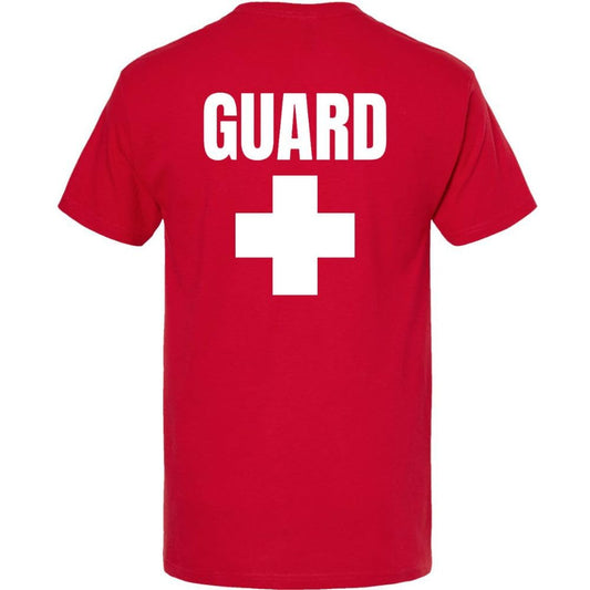 Red GUARD T-Shirt - White Cross Lifeguard Tee, Double-Sided Print, Cotton Crewneck for Men & Women
