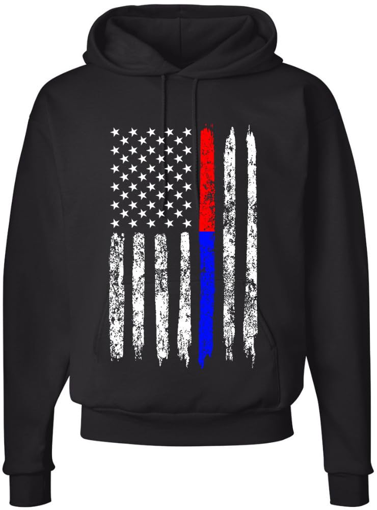 Army Universe Thin Line USA Flag Distressed American US Hooded Sweatshirt Patriotic Pullover Hoodie, Black