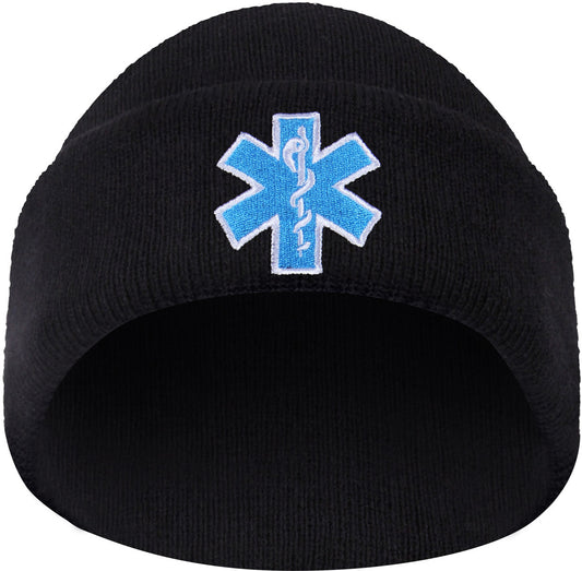 Black - EMS EMT Watch Cap with Medical Star of Life Emblem