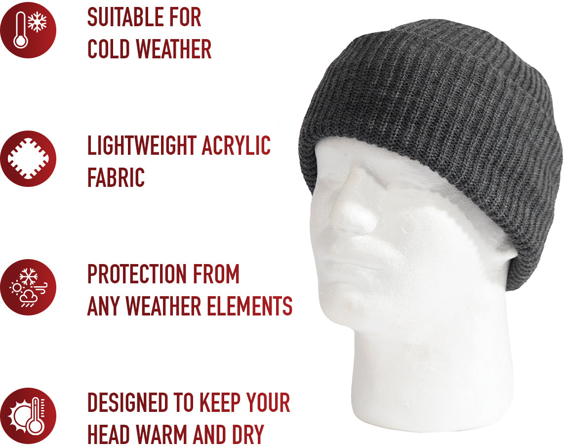 Charcoal Grey Knit Acrylic Watch Cap Military Cold Weather Winter Cuff Beanie Hat USA Made