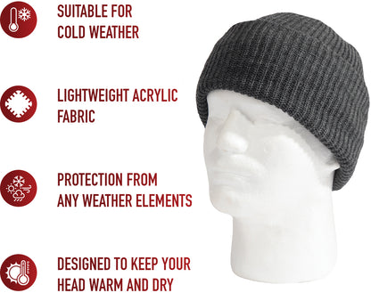 Charcoal Grey Knit Acrylic Watch Cap Military Cold Weather Winter Cuff Beanie Hat USA Made