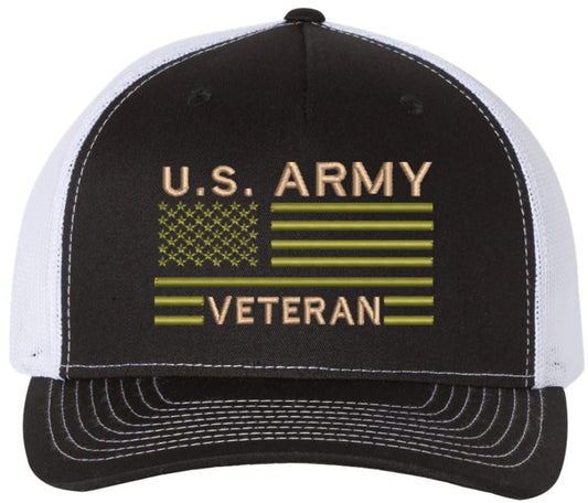 US Army Veteran USA Flag Embroidered Trucker Hat | Structured Mesh Back Military Vet Snap Back Baseball Cap