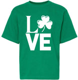 Love St. Patrick's Clover Day Irish T-Shirt Holiday Tee Short Sleeve Fun Party Shirt for Kids, Kelly Green