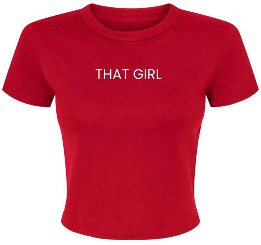 That Girl Embroidered Women's Baby Tee | Trendy Vibe Cool Awesome Sexy Micro Rib Crop T-Shirt, Red