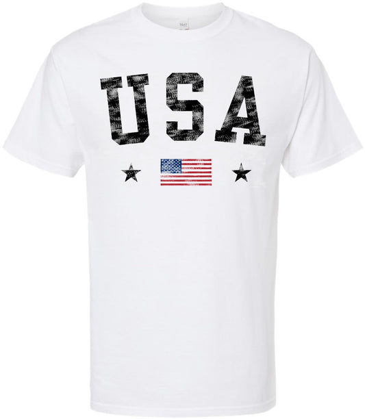 USA Text Printed T-Shirt | United States Flag & Stars Design Patriotic July 4th Tee Shirt, White