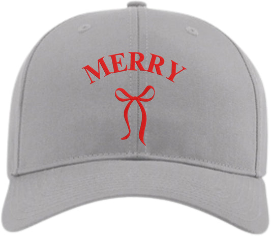 Merry Embroidered Two Tone Baseball Cap with Bow | Festive Christmas Holiday Adjustable Polycotton Unisex Hat