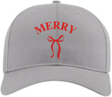 Merry Embroidered Two Tone Baseball Cap with Bow | Festive Christmas Holiday Adjustable Polycotton Unisex Hat