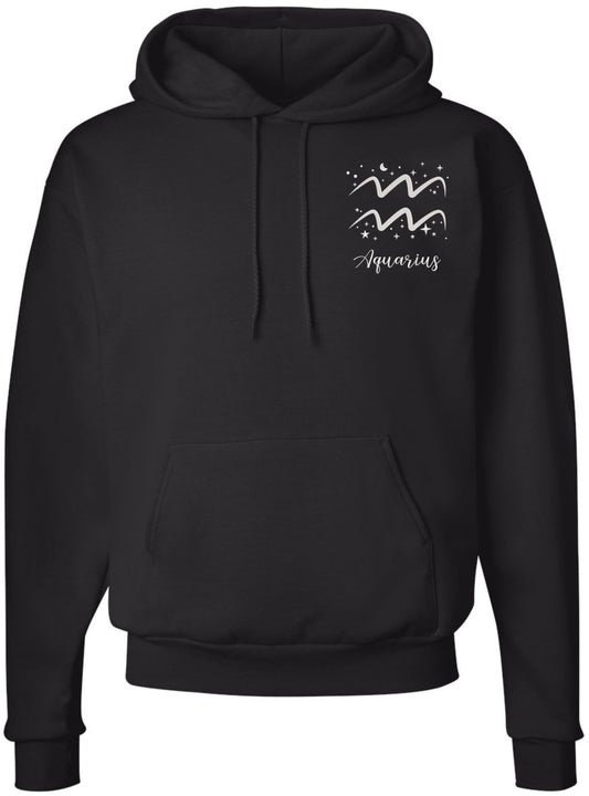 Zodiac Signs Embroidered Hoodie Sweatshirt | Horoscope Month Symbols Astrology Designs Hooded Pullover, Black