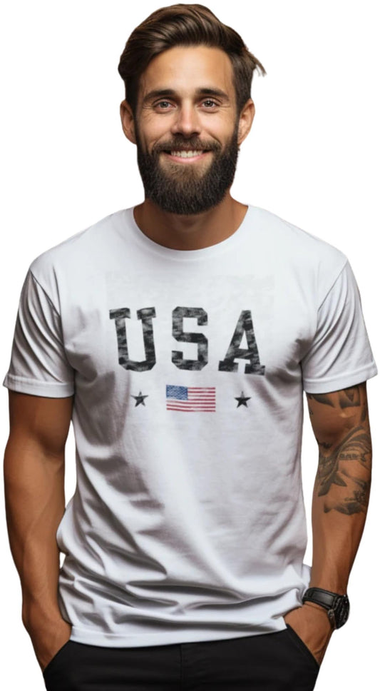 USA Text Printed T-Shirt | United States Flag & Stars Design Patriotic July 4th Tee Shirt, White